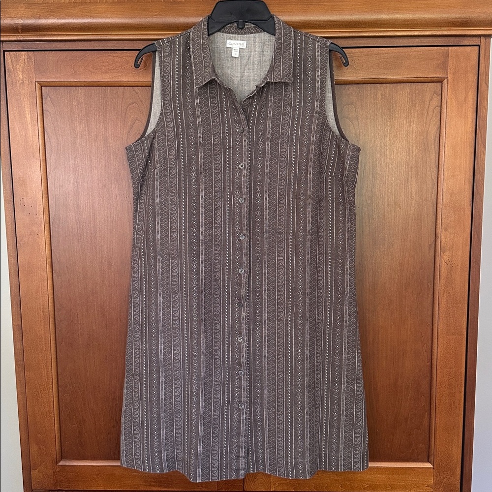 Garnet Hill Classic 100% Linen Shirt Dress Womens 12 Brown Boho Print Sleeveless